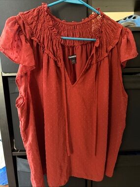 Express Women's Rust Red Swiss Dot Smocked Ruffle Sleeve Blouse